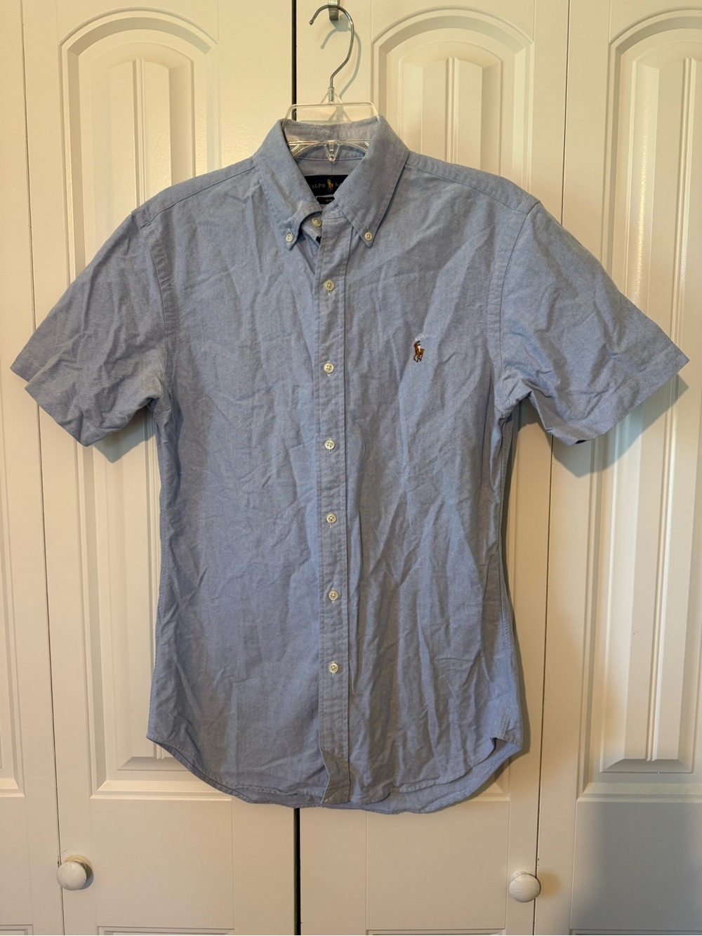 Ralph Lauren Men’s Solid Blue Woven Slim Fit Button-Down S Slim Fit Short Sleeve